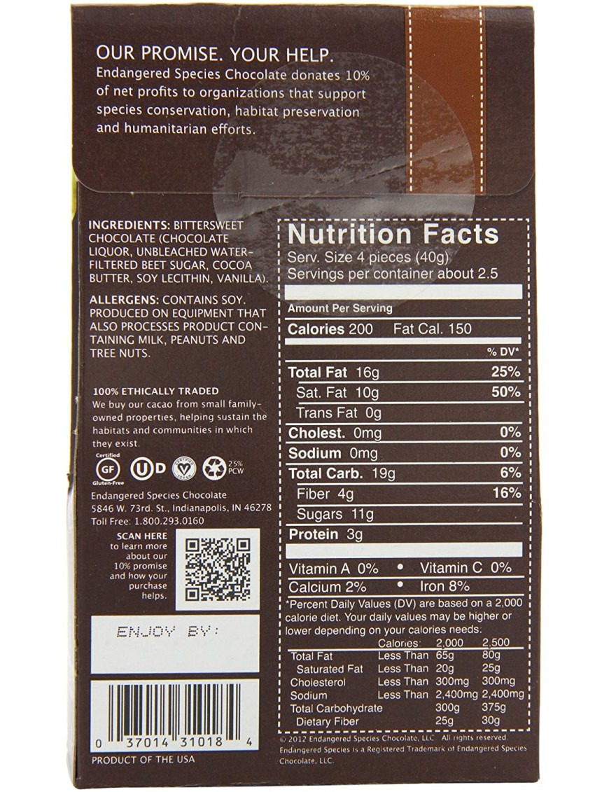 Endangered Species Bite Size Dark Chocolate 72 % Cocoa (6x10 CT)